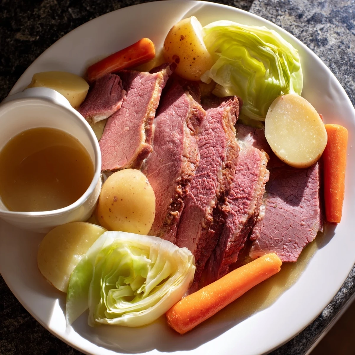 A Dutch oven showcases Corned Beef Pot Roast simmering with cabbage wedges, carrots, and potatoes in rich broth.