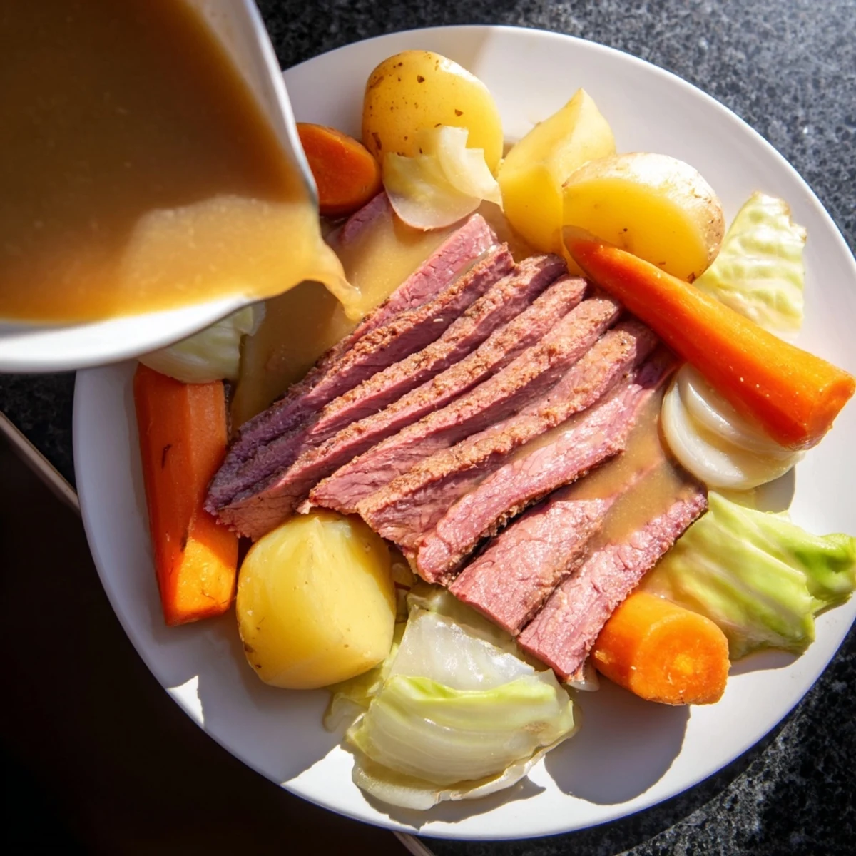 Hearty Corned Beef Pot Roast plated with cabbage, carrots, and potatoes, garnished with fresh parsley and ready to serve.