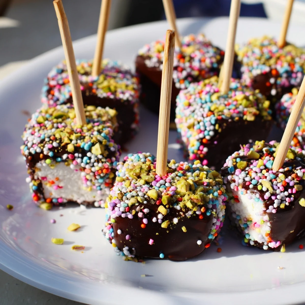 Fluffy marshmallows on sticks dipped in rich dark chocolate and sprinkled with crushed pistachios, ready to serve at parties.