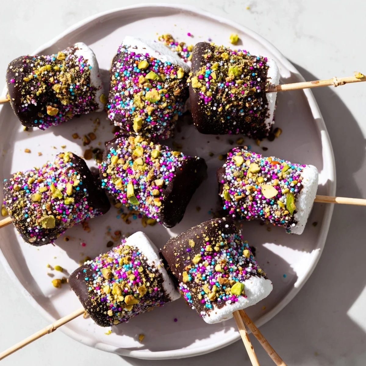 A close-up view of glossy chocolate-dipped marshmallows topped with colorful sprinkles and mini chocolate chips, ideal for holiday gifts.
