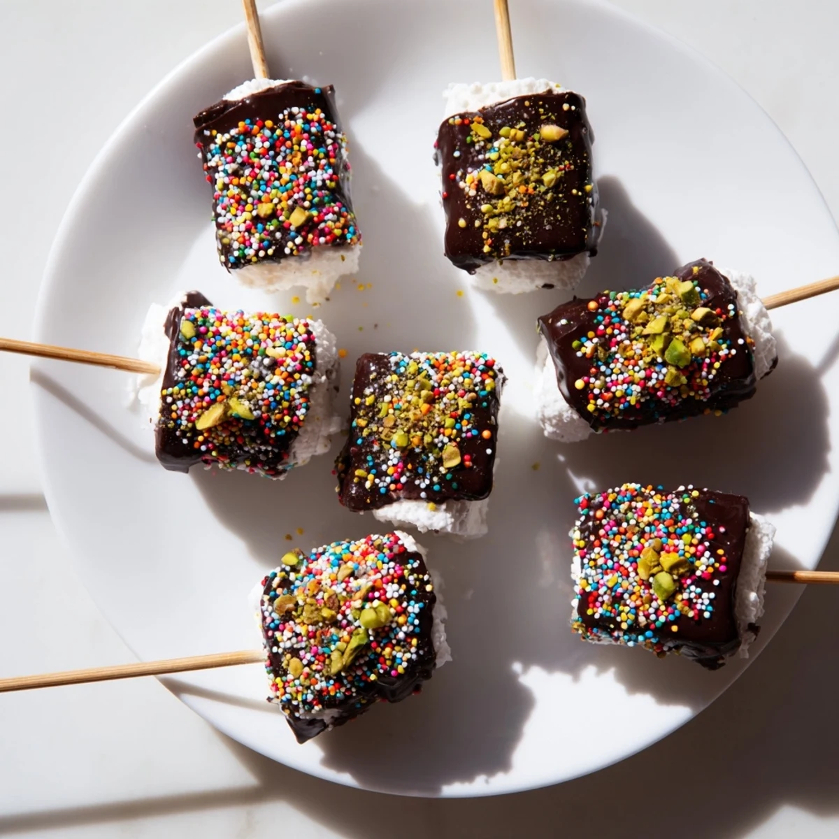 Golden marshmallows coated in silky milk chocolate, finished with shredded coconut on a parchment-lined baking sheet for easy serving.