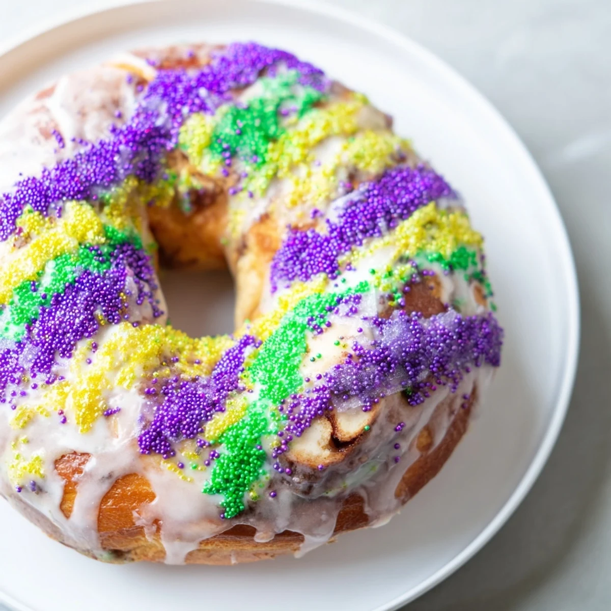 Freshly baked Mardi Gras King Cake Bagels with vibrant purple, green, and gold sugars drizzled over a sweet vanilla glaze.