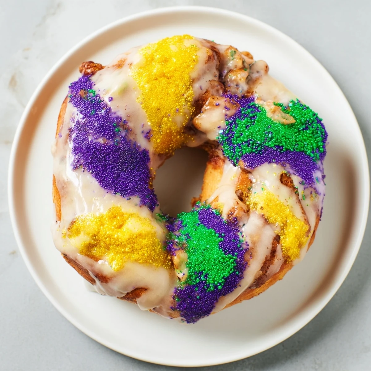 Soft Mardi Gras King Cake Bagels drizzled with glaze and sprinkled with traditional purple, green, and gold sugars.
