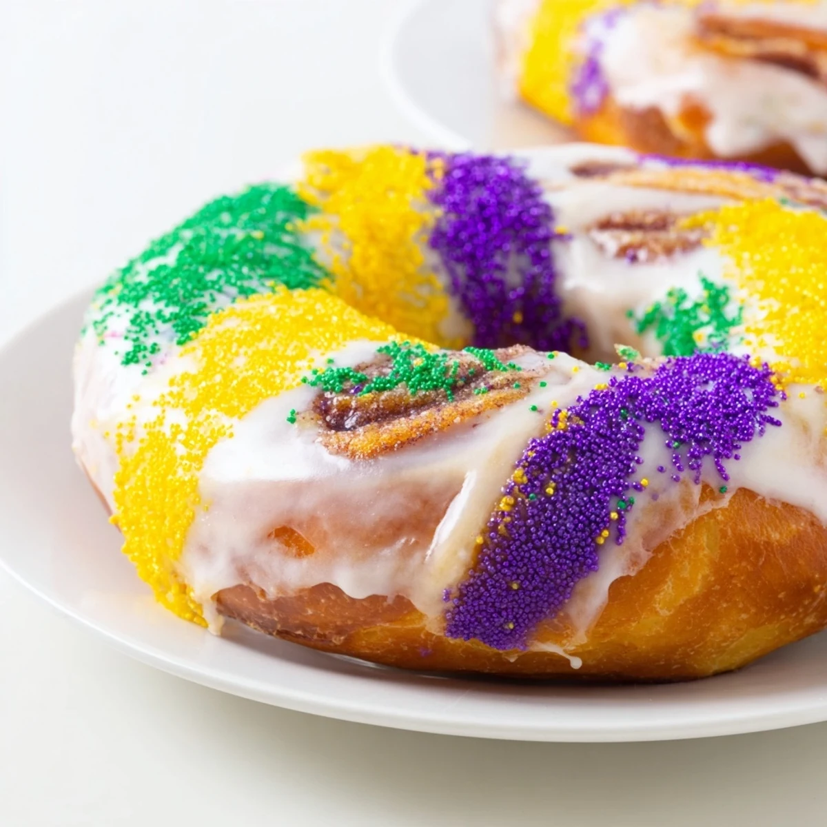 Warm Mardi Gras King Cake Bagels swirled with cinnamon sugar and topped with festive colored sprinkles on a wooden board.