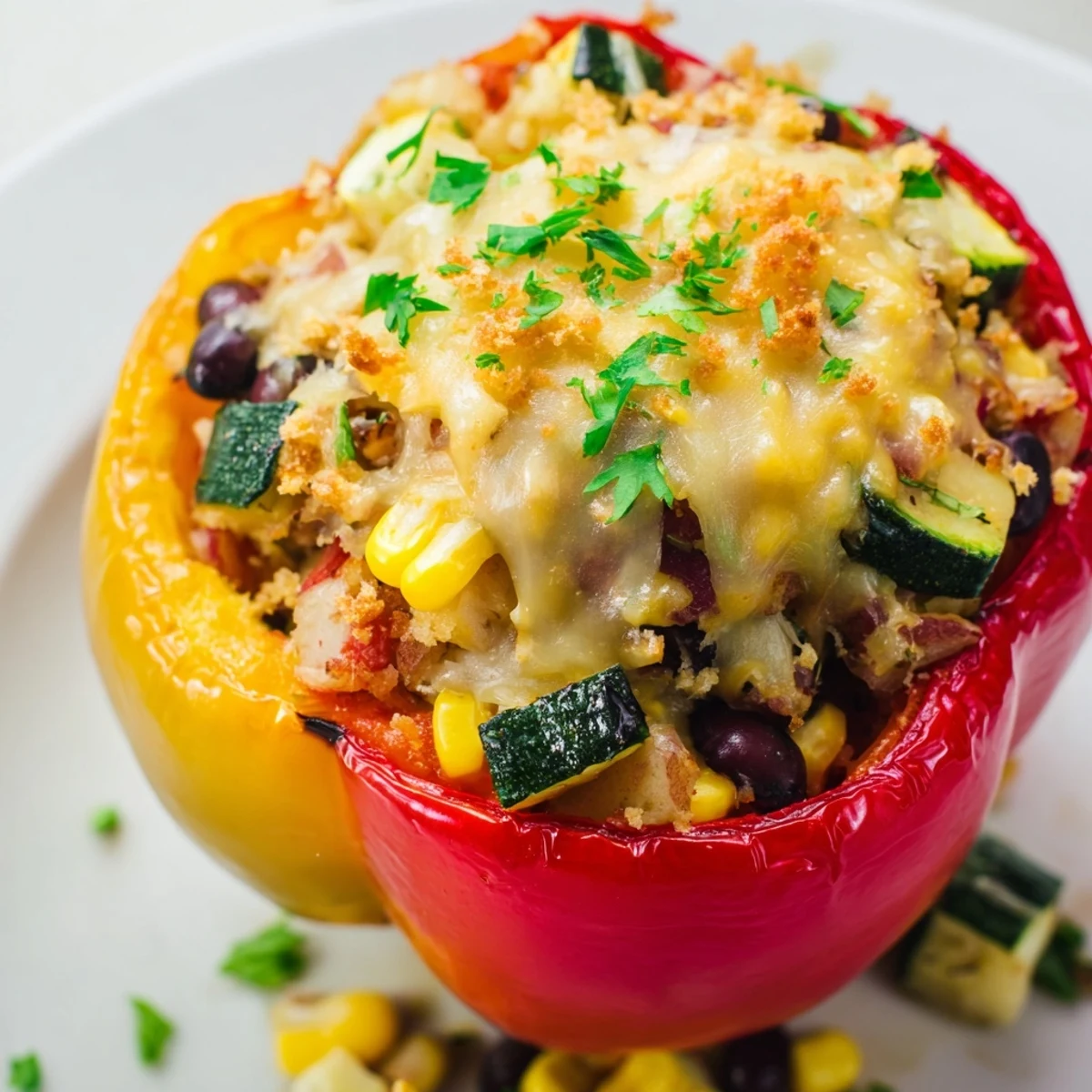 Golden baked Cajun Potato Stuffed Bell Peppers sit beside a crisp green salad on a rustic kitchen counter.
