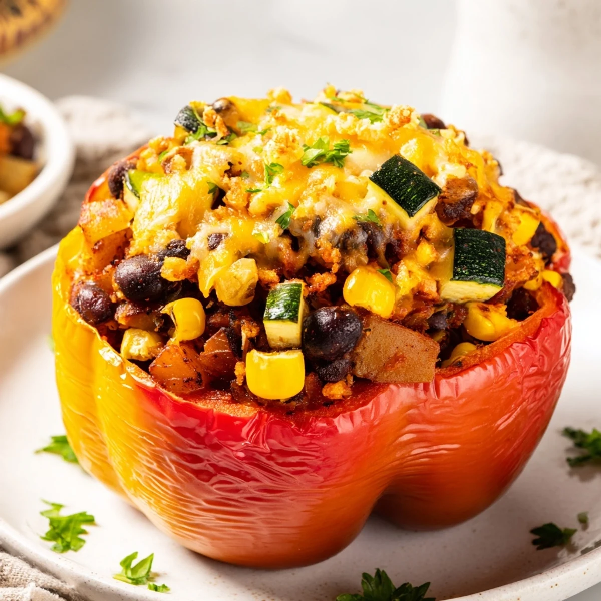 Close-up of Cajun Potato Stuffed Bell Peppers with melted cheddar cheese and a side of cornbread for serving.
