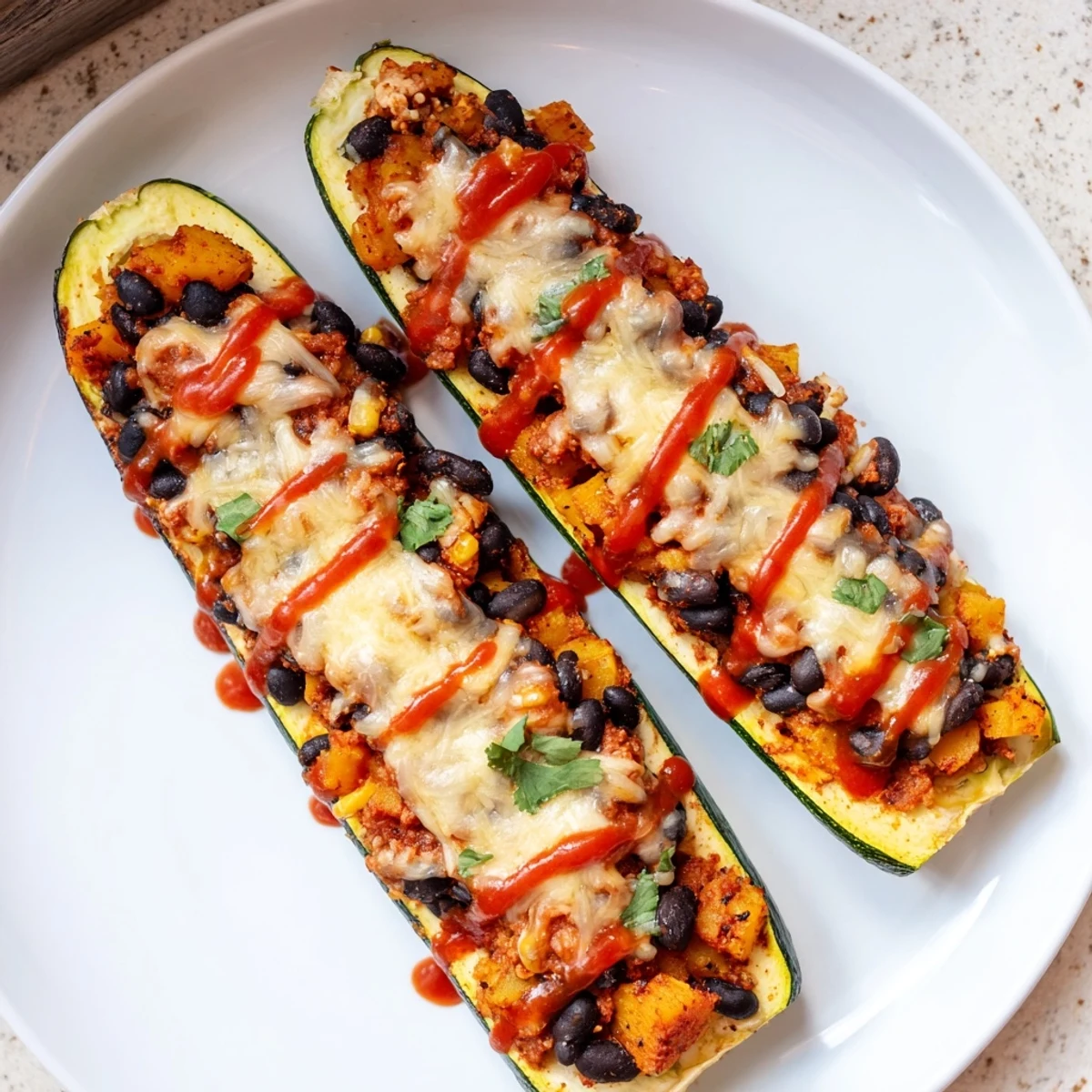 Golden roasted zucchini boats stuffed with black beans and butternut squash, covered in zesty red enchilada sauce and melted cheese.