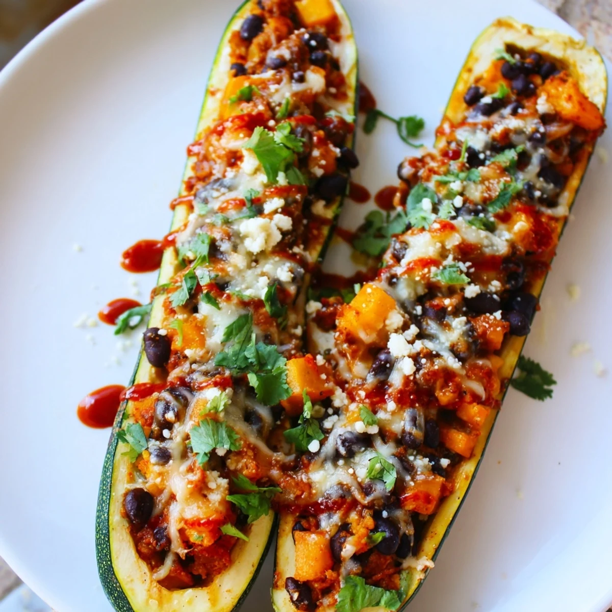 Baked gluten-free Mexican-inspired dish featuring hollowed zucchini filled with a vibrant mixture of black beans and seasoned squash.