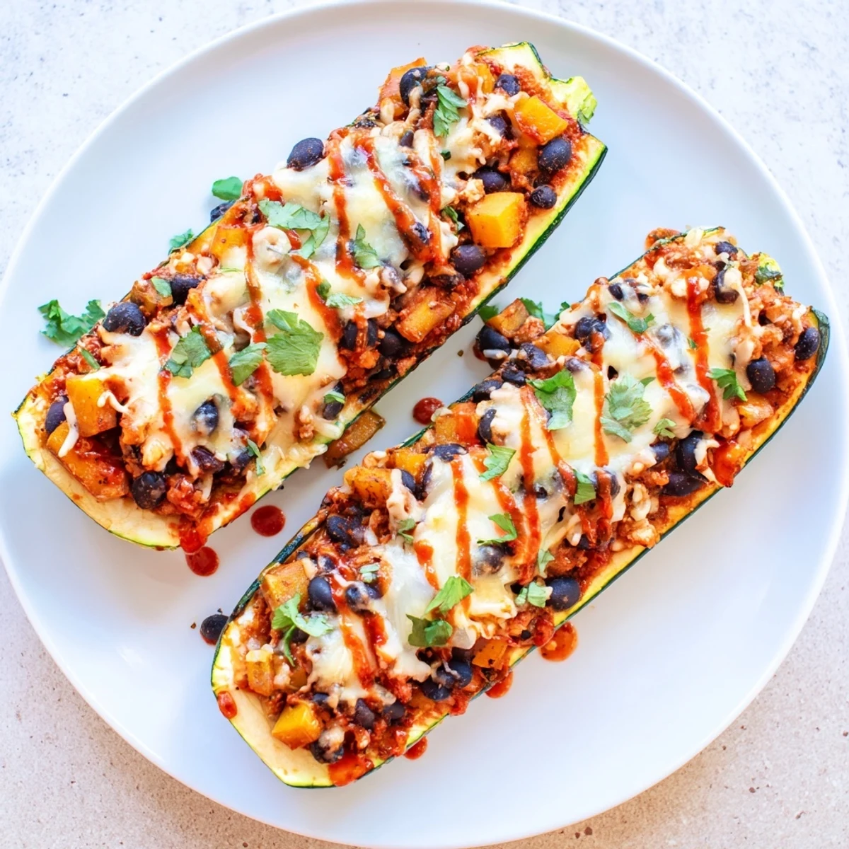 A close-up of vegetarian enchilada boats topped with fresh cilantro, avocado slices, and a drizzle of sauce on a rustic table.
