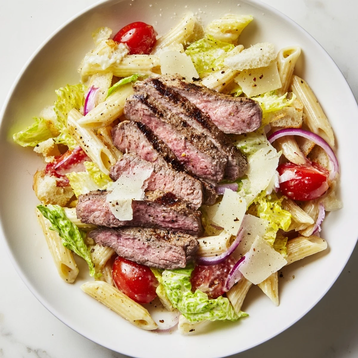 Close-up of Flavorful Steak Caesar Pasta Salad in a white bowl, with juicy grilled steak slices, crisp romaine, and halved cherry tomatoes.