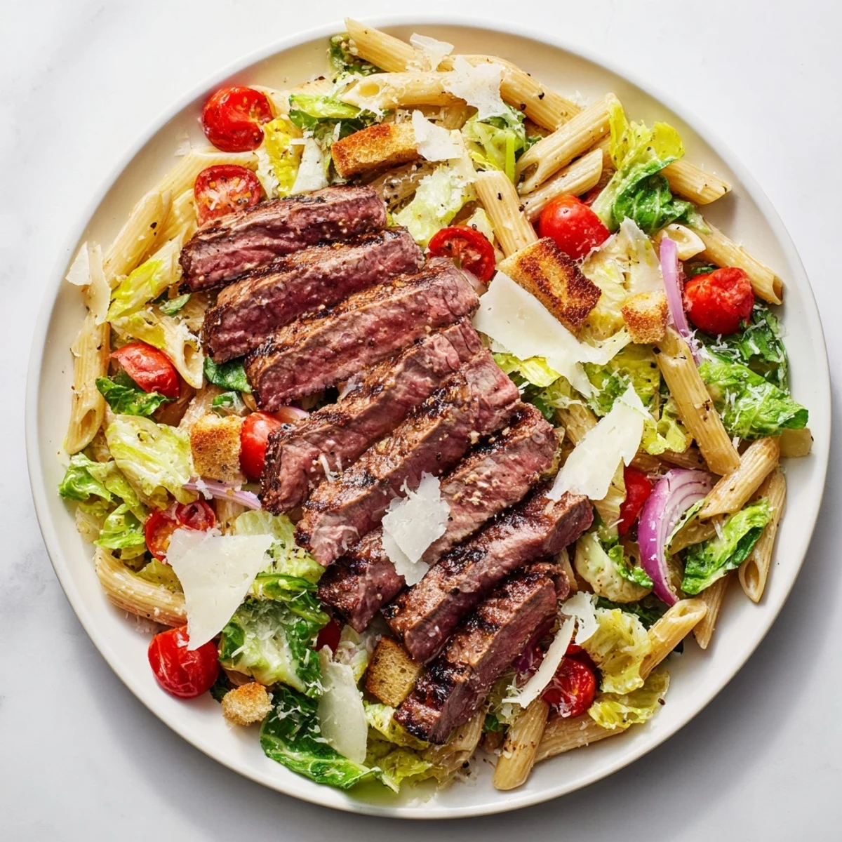 A hearty serving of Flavorful Steak Caesar Pasta Salad with croutons and shaved Parmesan, perfect for an easy summer lunch or dinner.
