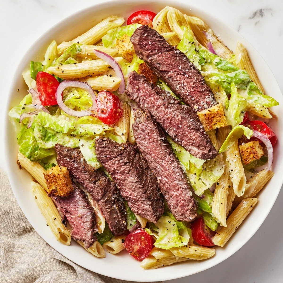 Overhead view of Flavorful Steak Caesar Pasta Salad featuring al dente rotini, red onion, and creamy Caesar dressing tossed together.