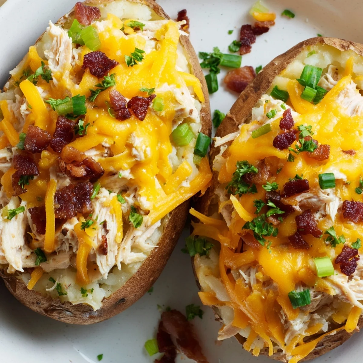 Golden-brown stuffed russet potatoes filled with creamy chicken and cheddar, topped with melted cheese and fresh parsley for a comforting main dish.