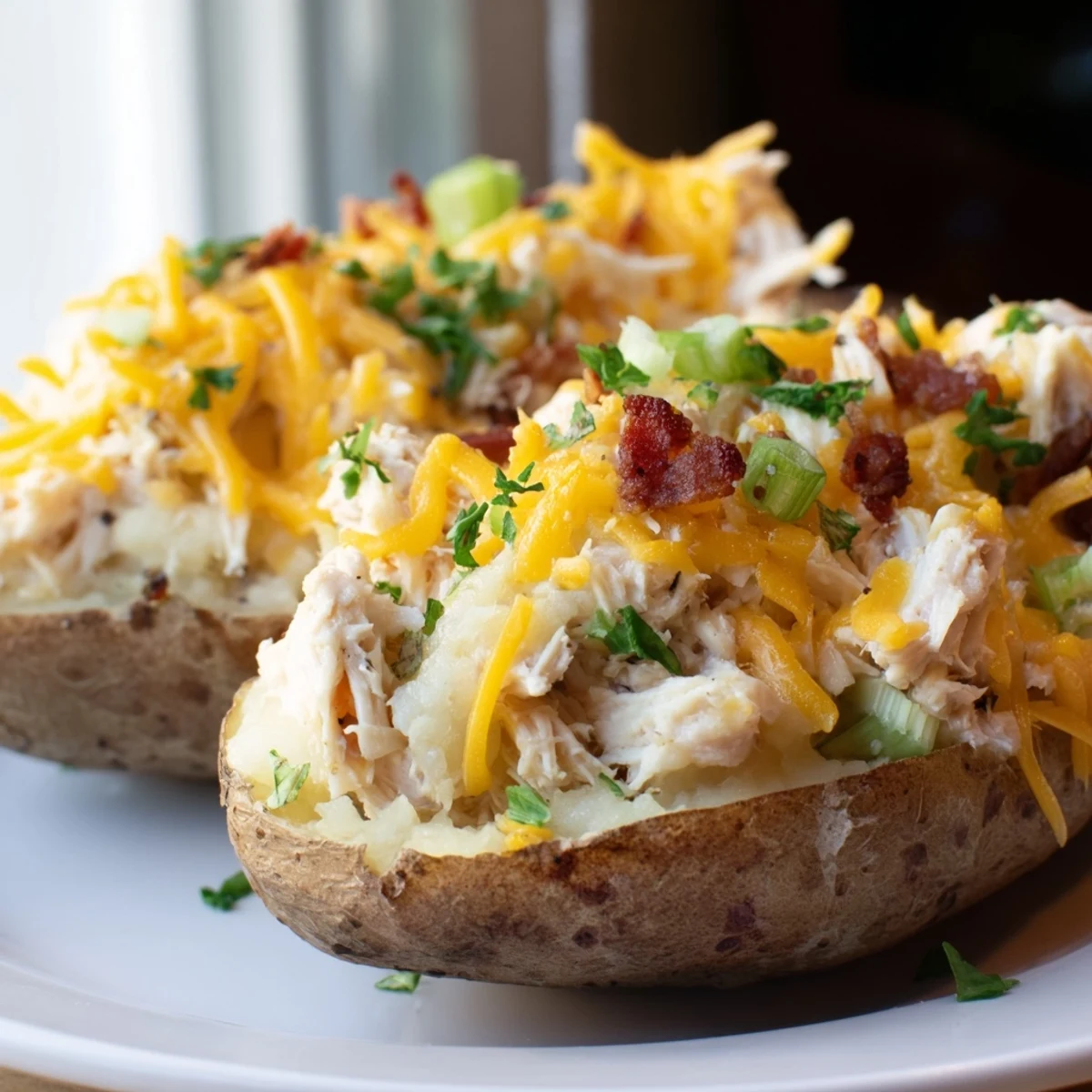 Twice-baked potatoes with a rich chicken and cheese filling, garnished with green onions and parsley, perfect for a gluten-free family meal.