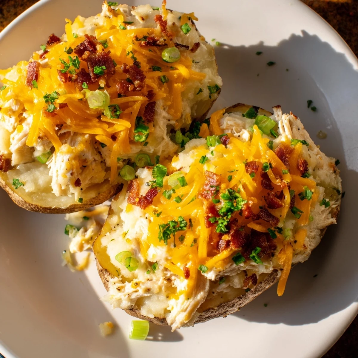 Crispy baked potato shells brimming with savory shredded chicken, sour cream, mashed potato, and cheddar, served hot as a hearty American dinner.