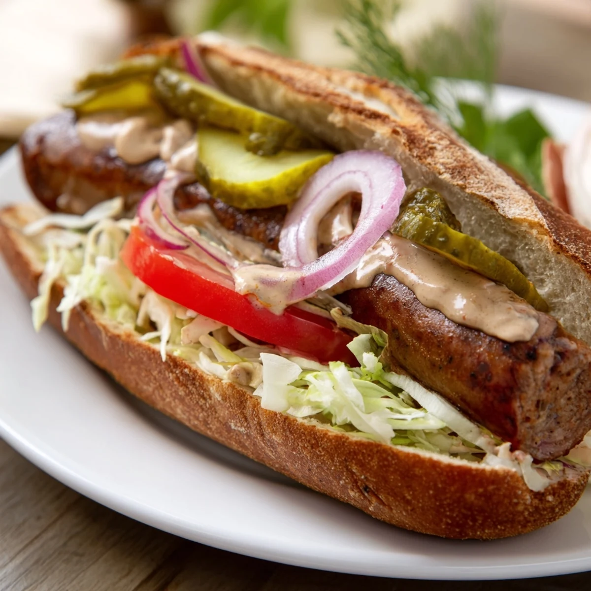Juicy Grilled Cajun Beef Sausage Po Boy Sandwiches piled high with crisp lettuce and tangy pickles on a toasted baguette.