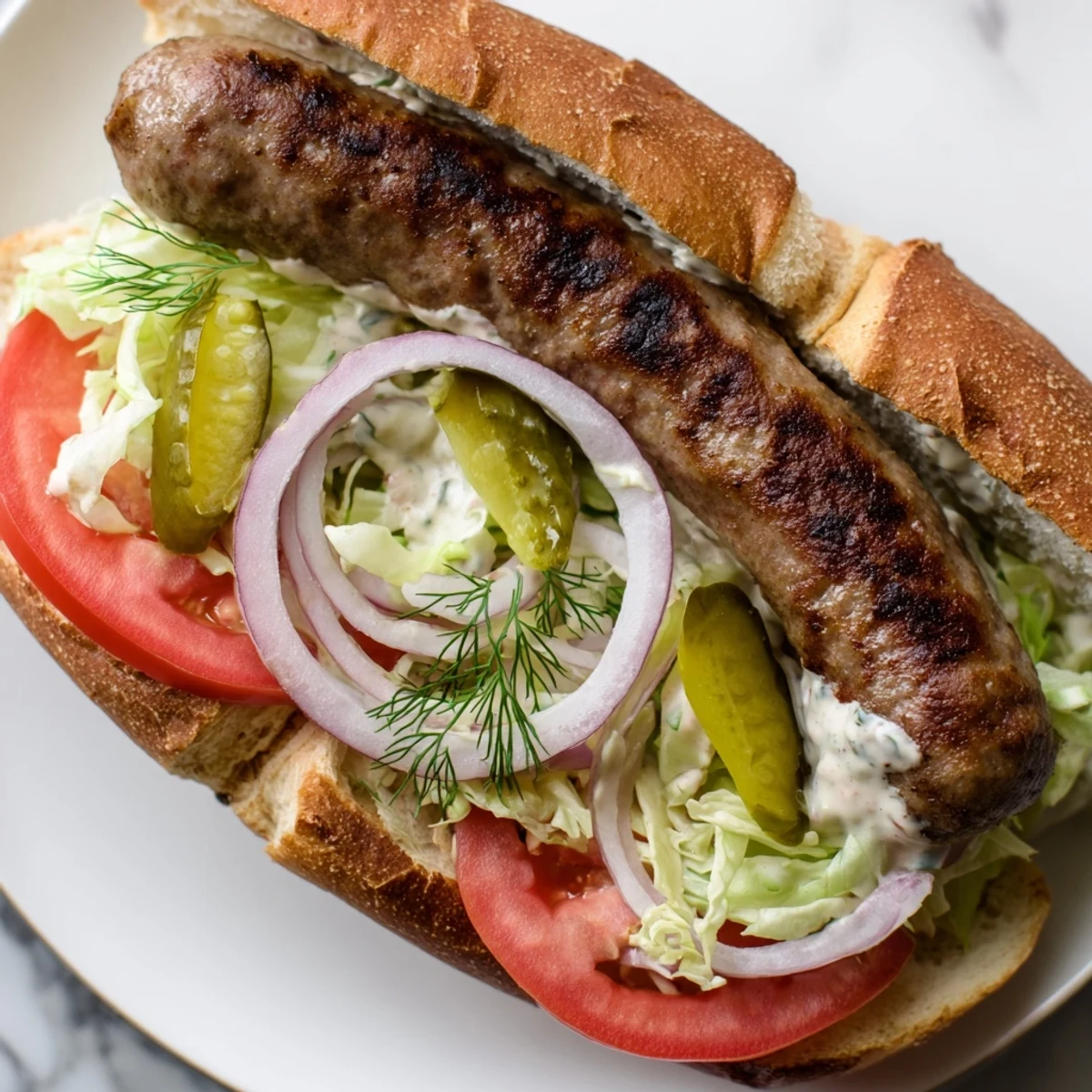 A close-up of a Grilled Cajun Beef Sausage Po Boy Sandwich, featuring a grilled sausage and creamy remoulade on crusty bread.