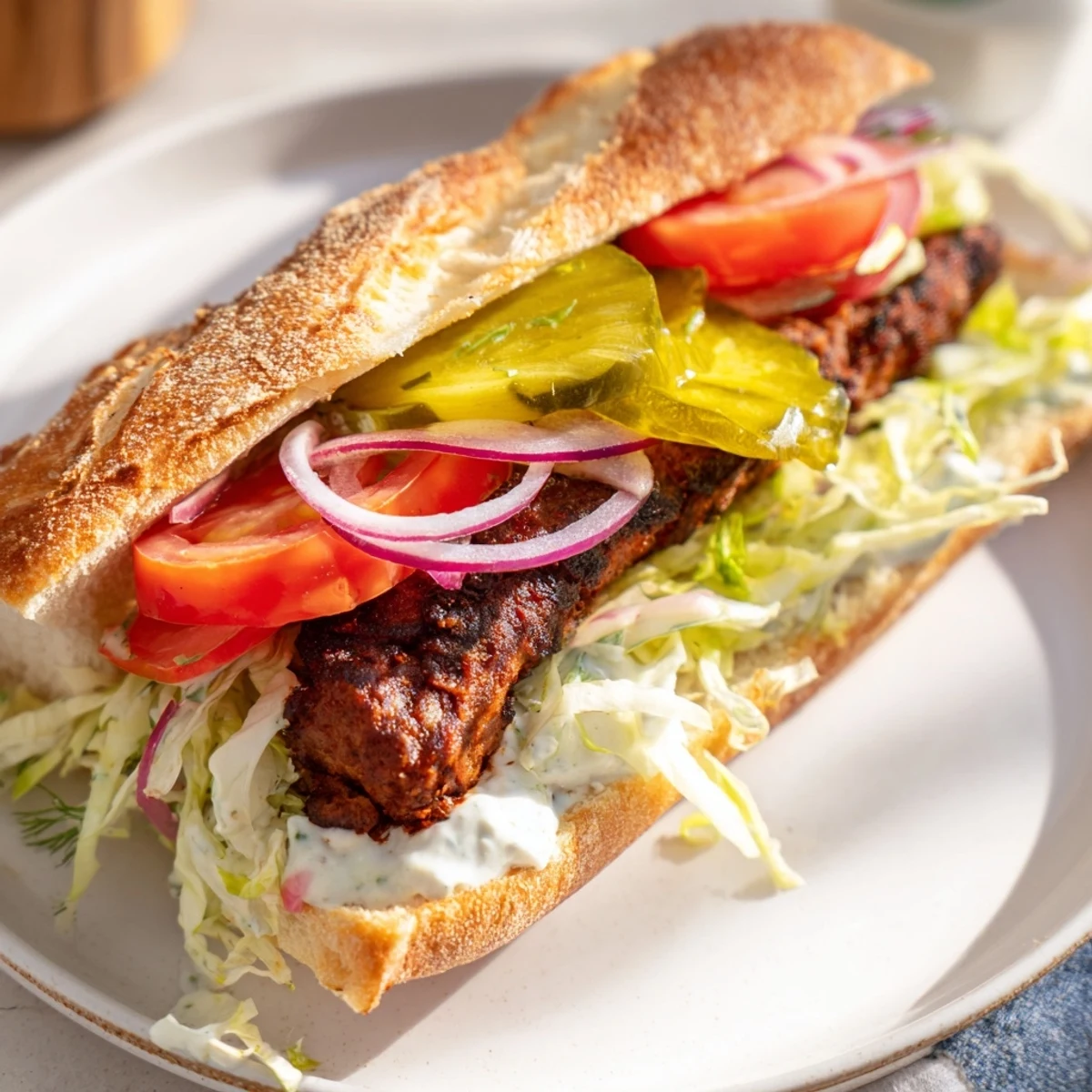 Serving a delicious Grilled Cajun Beef Sausage Po Boy Sandwich with ripe tomatoes and red onions on a wooden board.