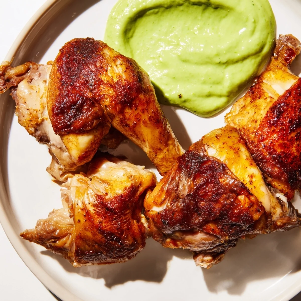 A golden-brown Peruvian Roast Chicken with Creamy Green Sauce rests on a platter, juicy and aromatic.