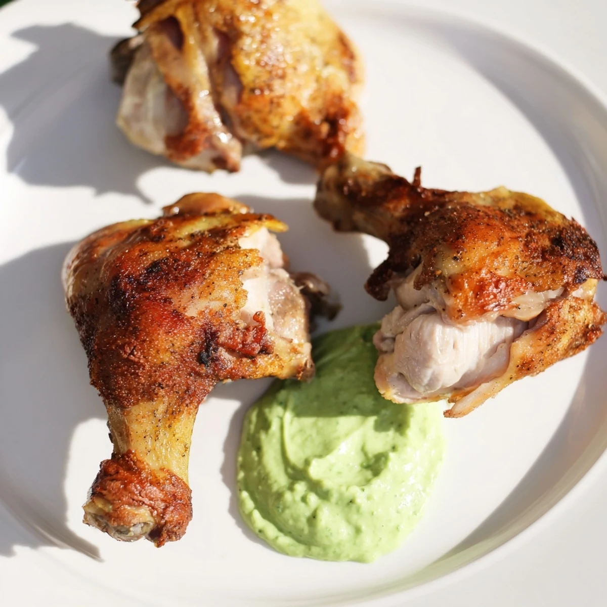 Close-up of succulent Peruvian Roast Chicken with Creamy Green Sauce beside crispy roasted potatoes.