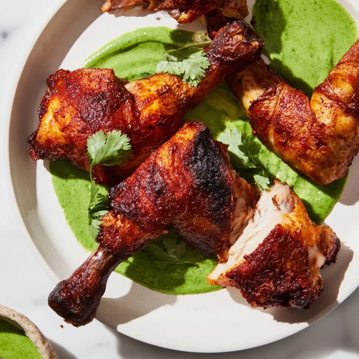 Sliced Peruvian Roast Chicken with Creamy Green Sauce served with lime wedges for a zesty finish.