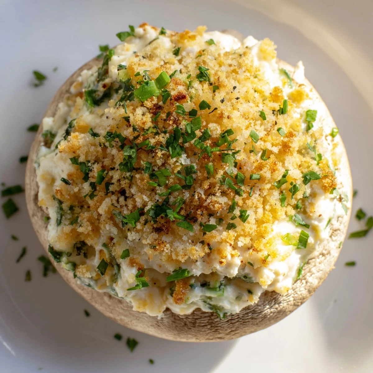 Tender mushroom caps overflowing with creamy mozzarella and sharp cheddar, topped with buttery breadcrumbs and served warm as a gluten-free appetizer.