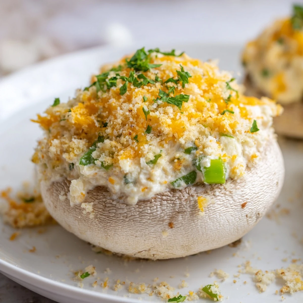 Golden-baked mozzarella popper stuffed mushrooms with melted cheddar and spicy jalapeño filling, garnished with fresh parsley on a rustic wooden board.