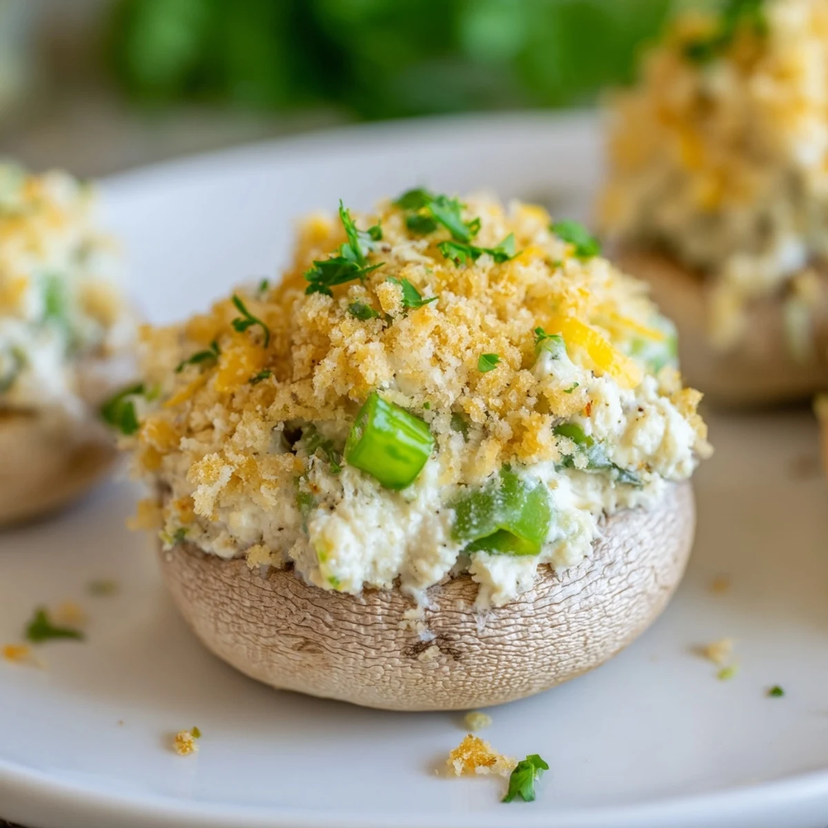 Savory mozzarella popper stuffed mushrooms fresh from the oven, featuring a golden, crispy topping and vibrant green onions on a serving platter.