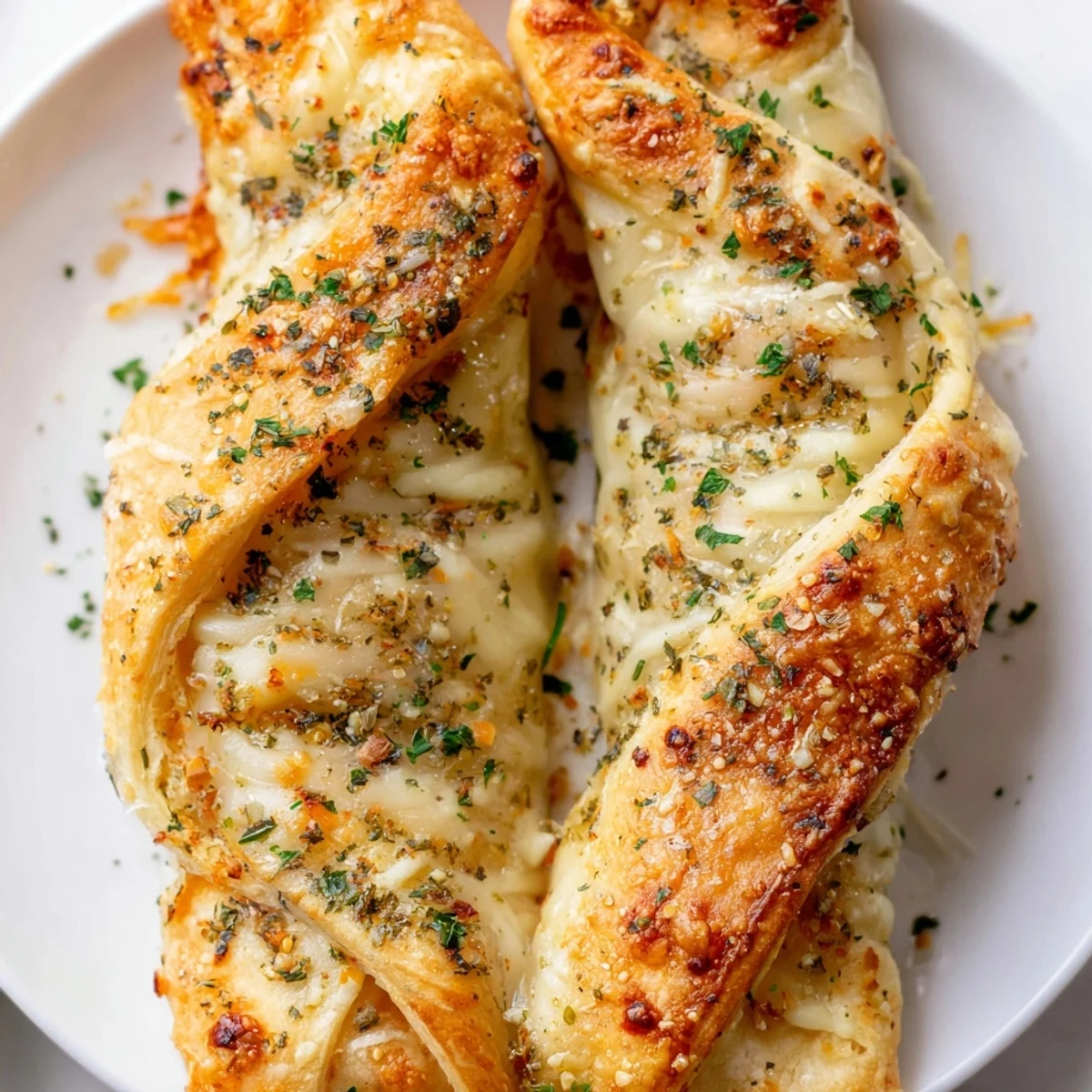 Crispy Air Fryer Pizza Cheese Bread Twists brushed with garlic butter, served warm with marinara dipping sauce.