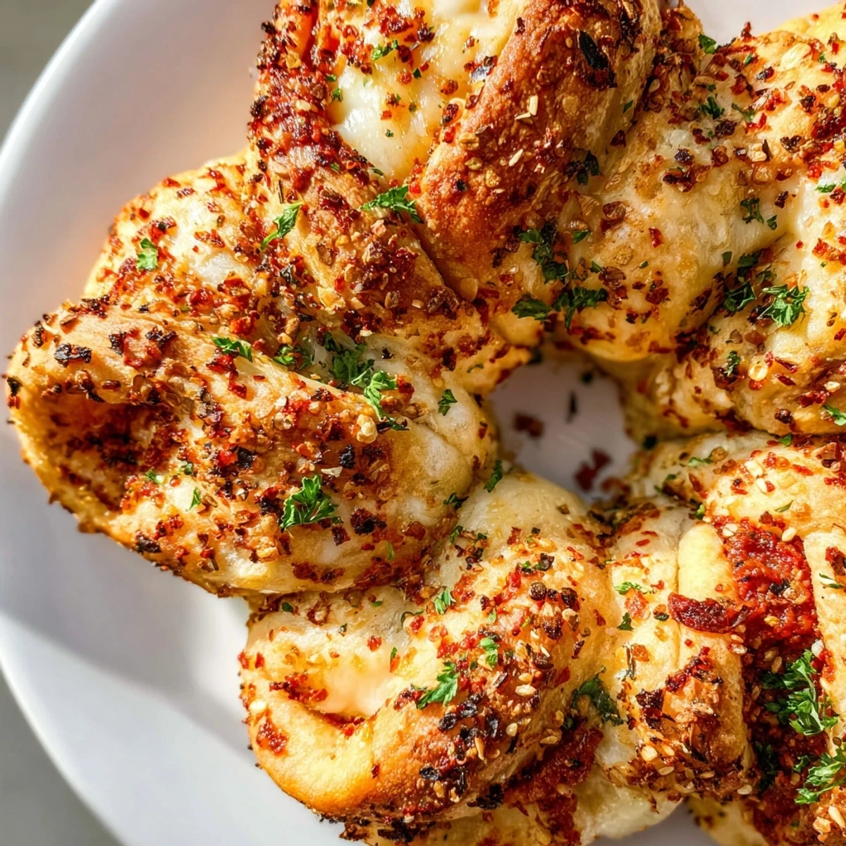 Golden Crispy Air Fryer Pizza Cheese Bread Twists on a wooden board, garnished with fresh parsley flakes.