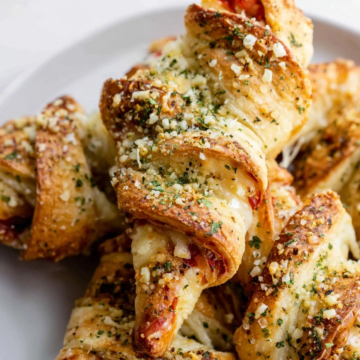Homemade Crispy Air Fryer Pizza Cheese Bread Twists piled high, featuring melty mozzarella and Parmesan filling.