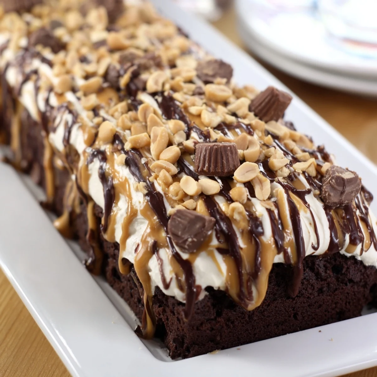 A slice of moist Chocolate Peanut Butter Poke Cake reveals creamy peanut butter pudding filling and whipped cream topping.  