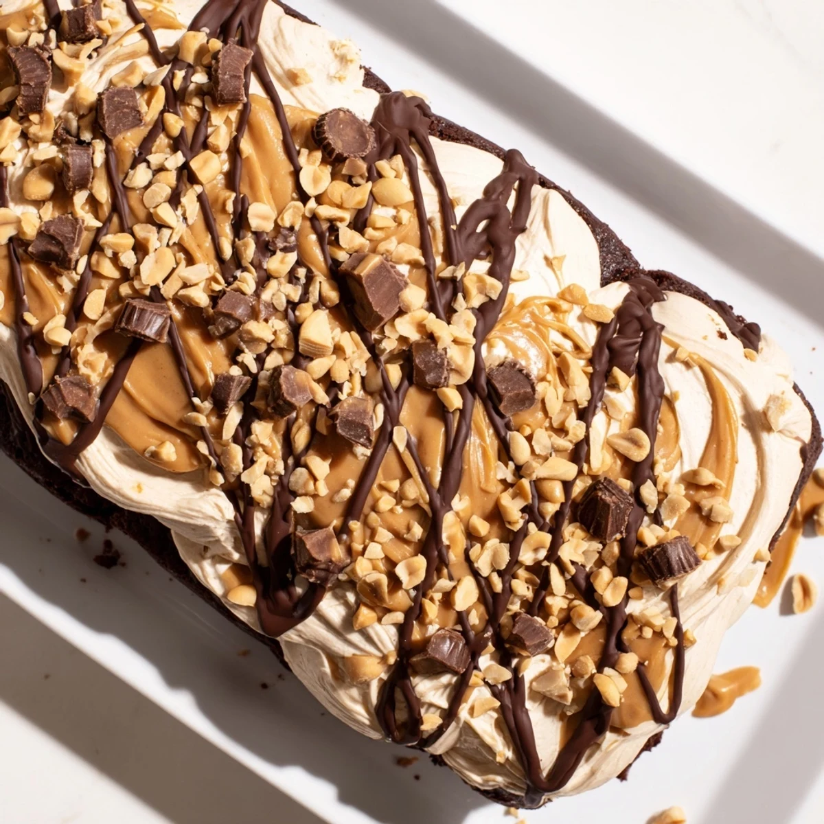 Chocolate Peanut Butter Poke Cake drizzled with rich sauce and garnished with chopped peanuts on a decorative plate.  