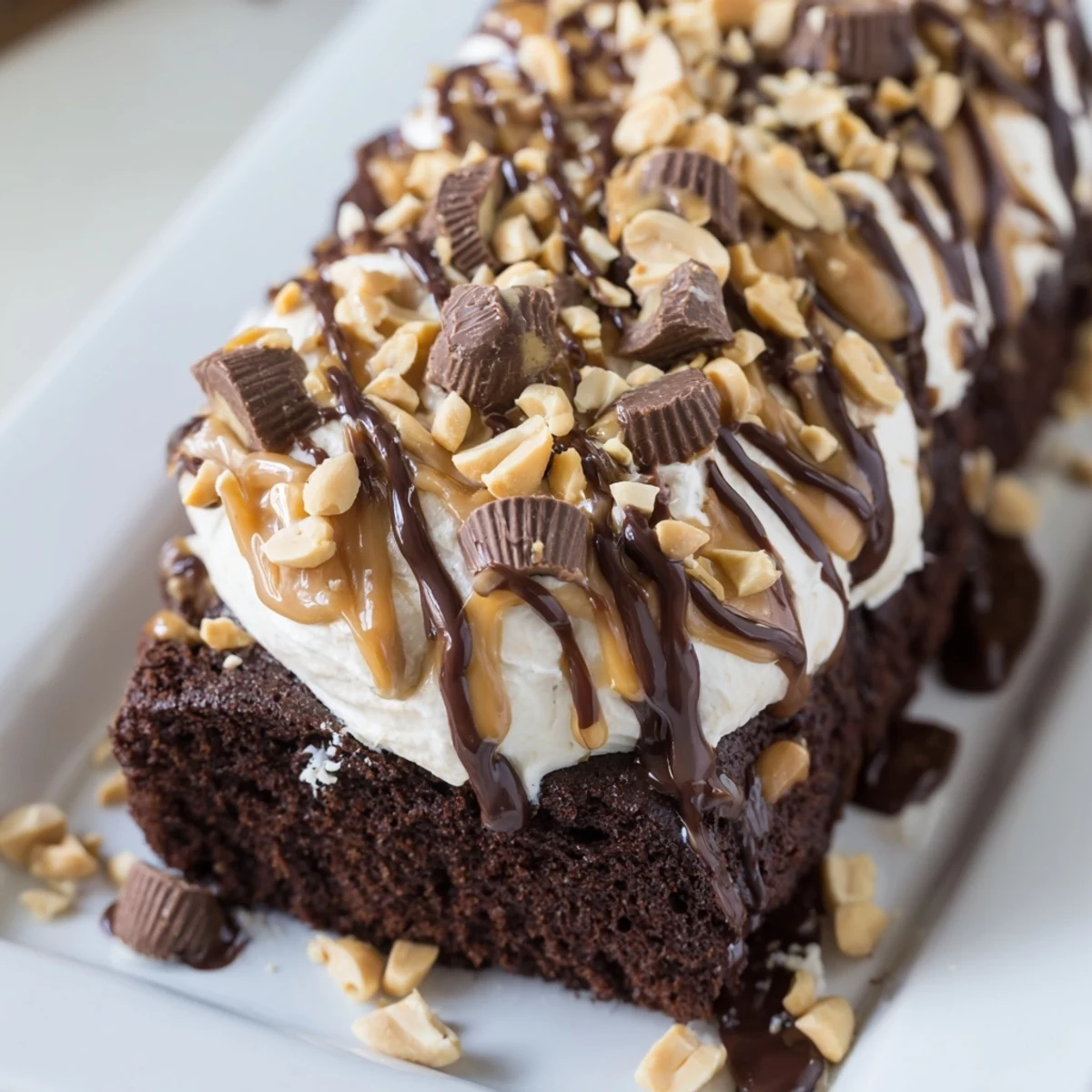 This decadent Chocolate Peanut Butter Poke Cake features chocolate cake, pudding layers, and whipped cream for a party dessert.