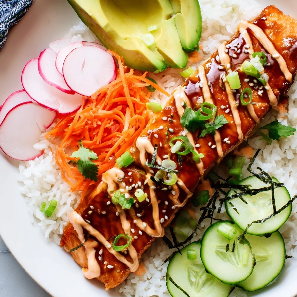 The vibrant Teriyaki Salmon Rice Taco Bowls with Pickled Veggies showcase colorful pickled carrots and cucumbers next to ripe avocado.
