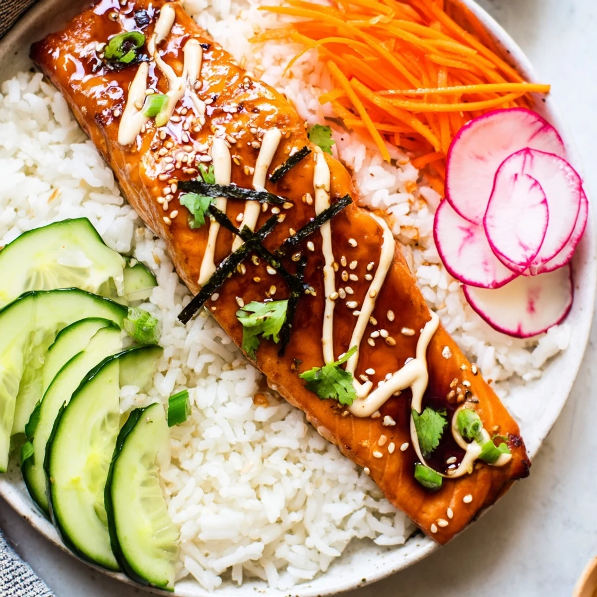 Overhead view of Teriyaki Salmon Rice Taco Bowls with Pickled Veggies, drizzled with creamy sriracha mayo and sesame seeds.