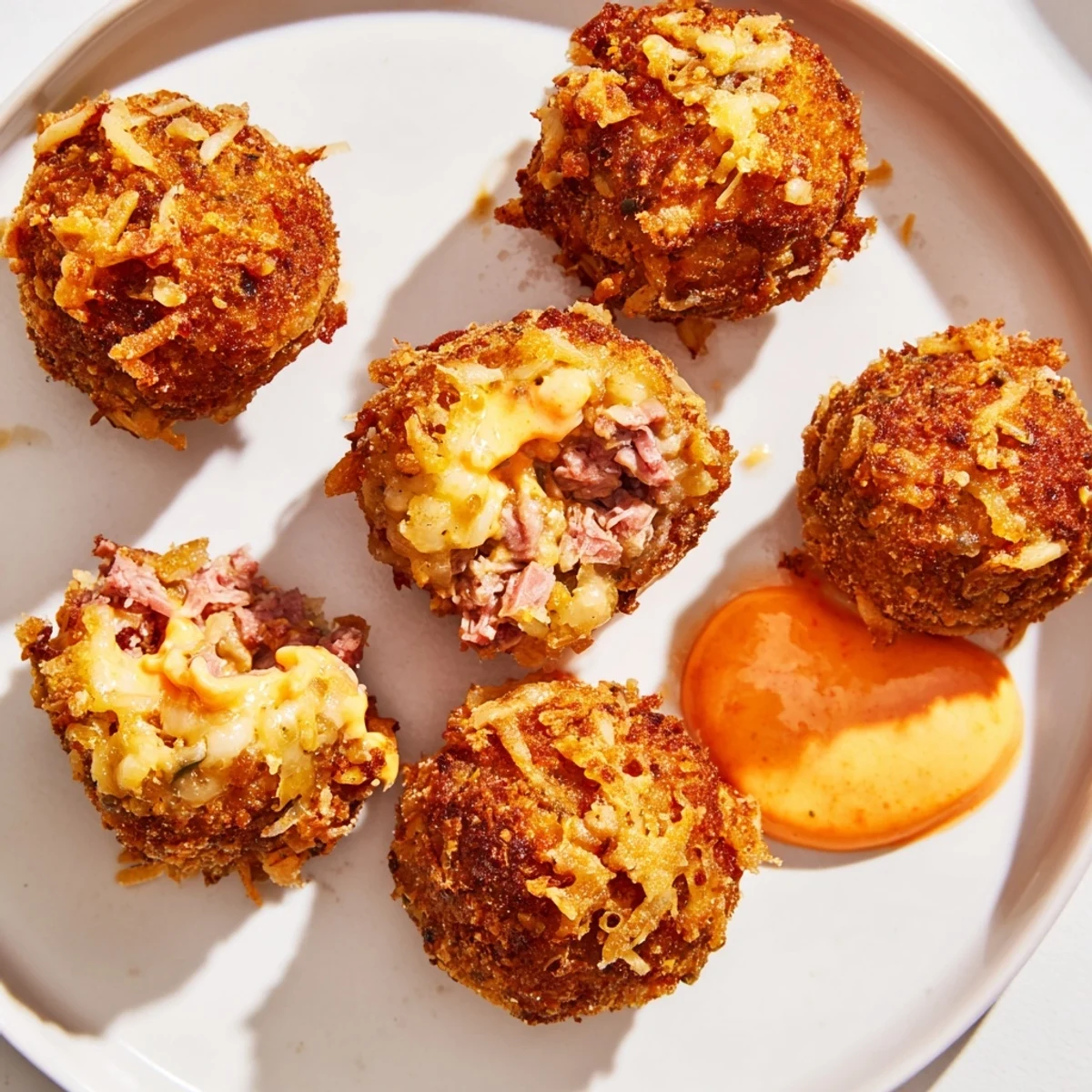 Golden brown Reuben balls, inspired by the classic sandwich, rest on a platter beside a creamy, spicy Thousand Island dipping sauce.