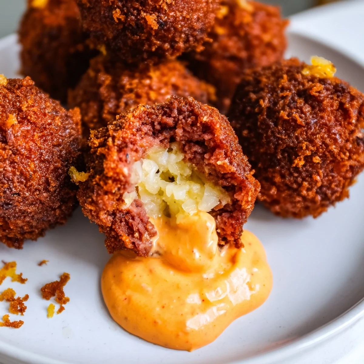 Crispy, deep-fried Reuben balls showcase corned beef and sauerkraut, served warm as a perfect appetizer for a party spread.