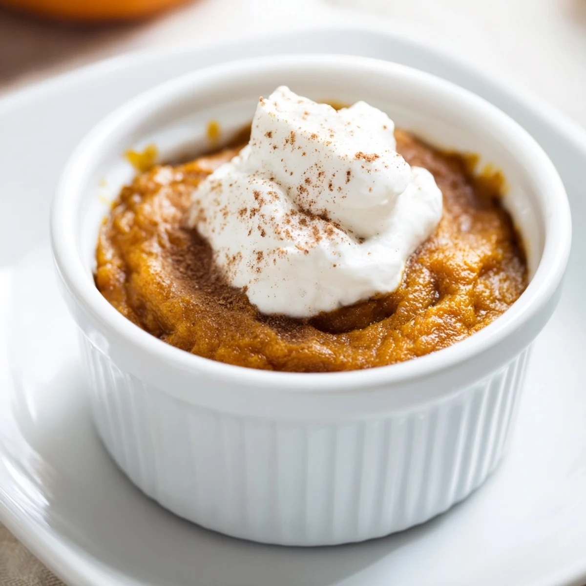 A close-up of Effortless Baked Pumpkin Pudding in a ramekin, topped with whipped cream and a dusting of cinnamon.