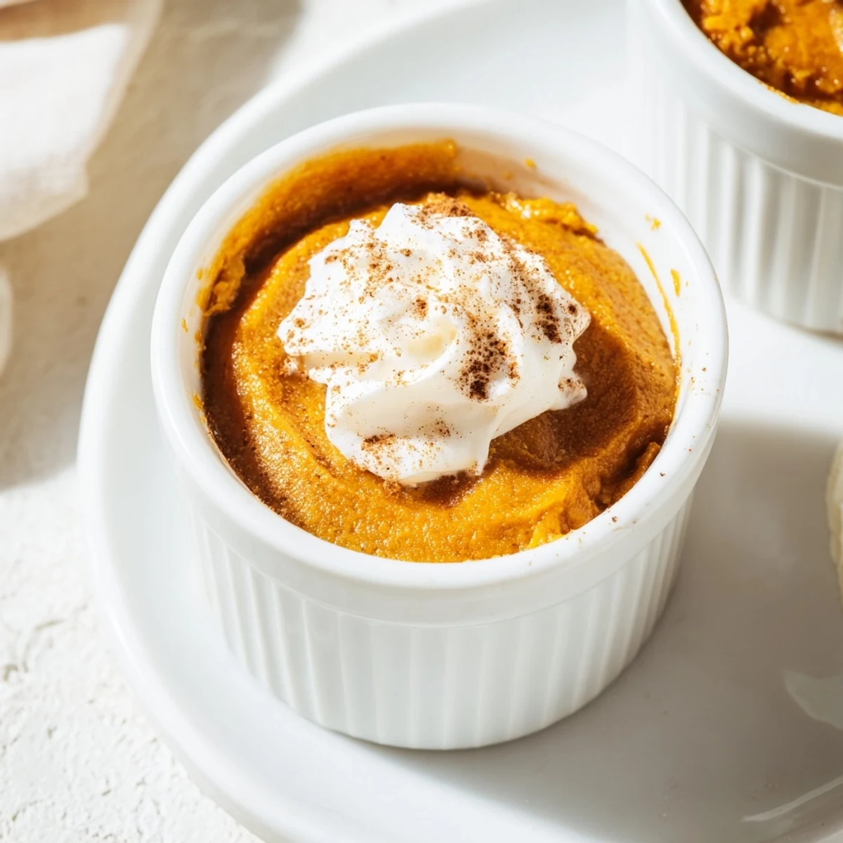 A wooden spoon lifts a creamy scoop of Effortless Baked Pumpkin Pudding from a baking dish, highlighting the golden surface.