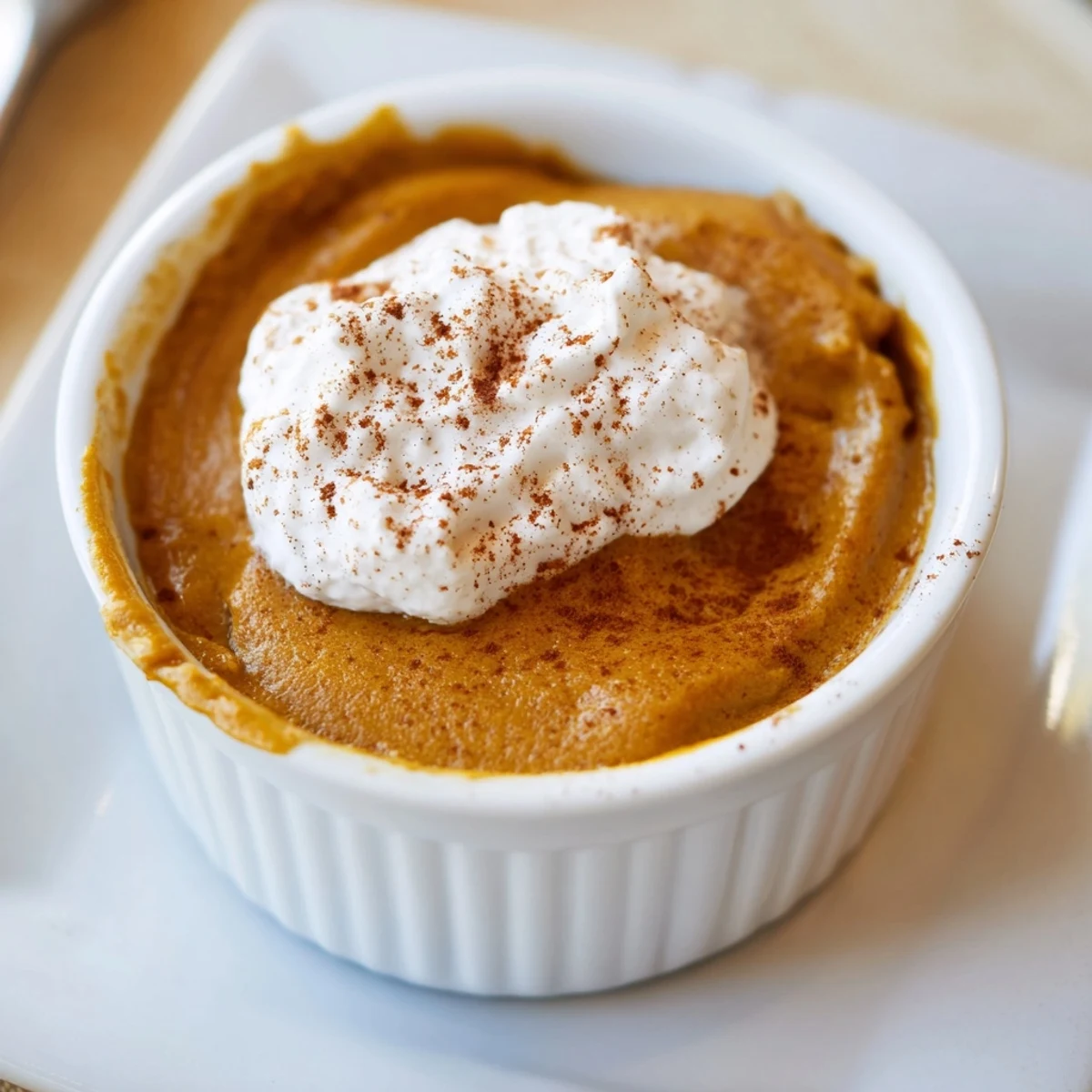 The Effortless Baked Pumpkin Pudding sits on a rustic wooden table, a slice missing, revealing its silky, creamy texture.
