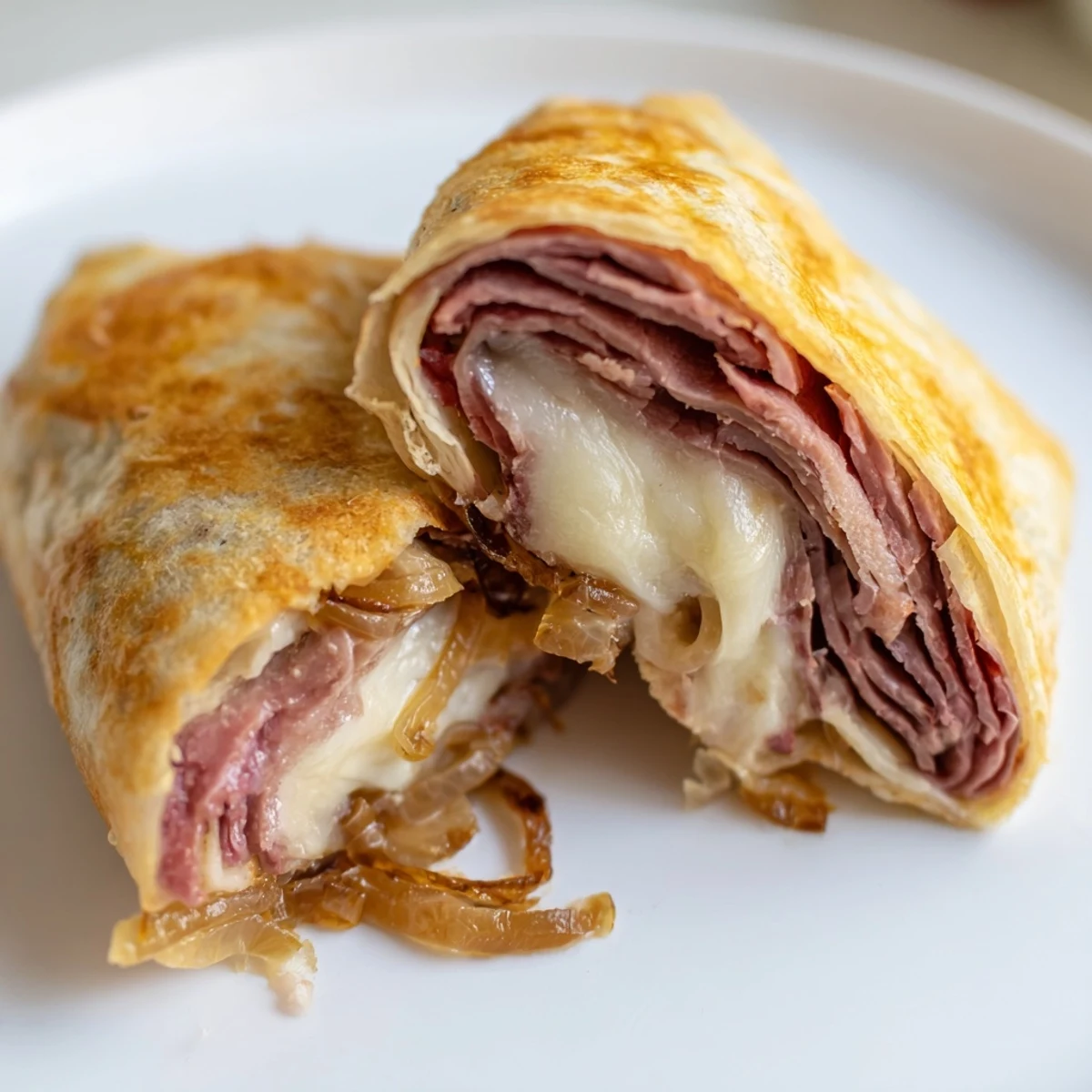 Crispy Easy French Dip Tortilla Roll Ups with melted provolone and golden caramelized onions on a serving plate, ready to be dipped in warm au jus.