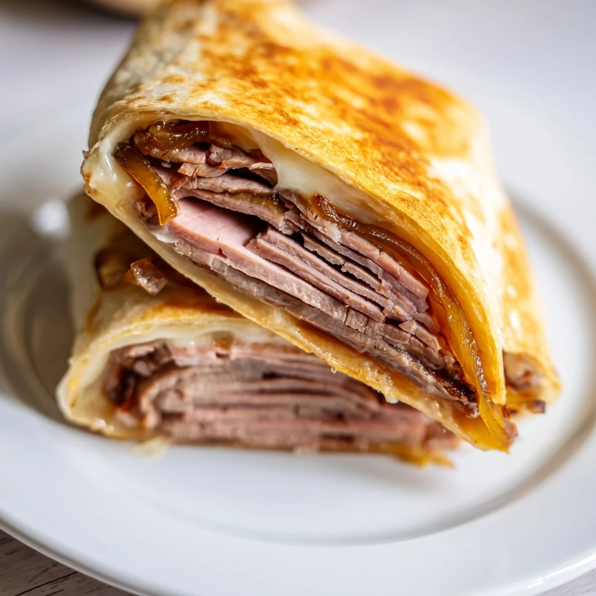 A close-up of Easy French Dip Tortilla Roll Ups showing tender roast beef and melted cheese, paired with a small bowl of savory beef au jus for dipping.