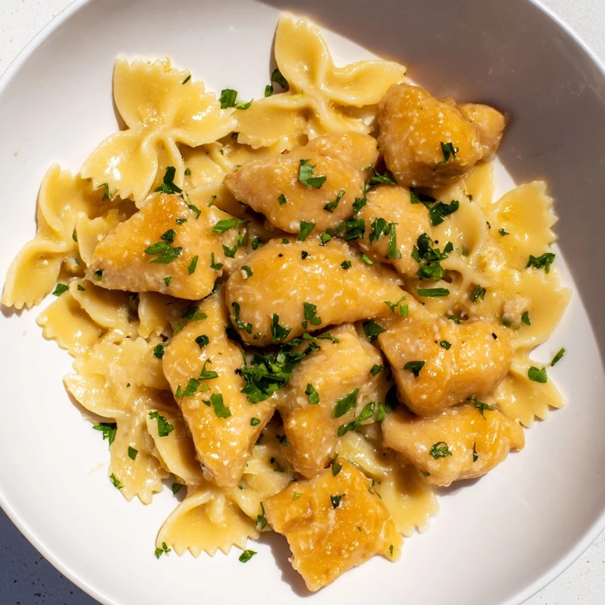 Creamy Mozzarella Garlic Butter Chicken Bowties pasta with golden chicken pieces and melted cheese sauce.
