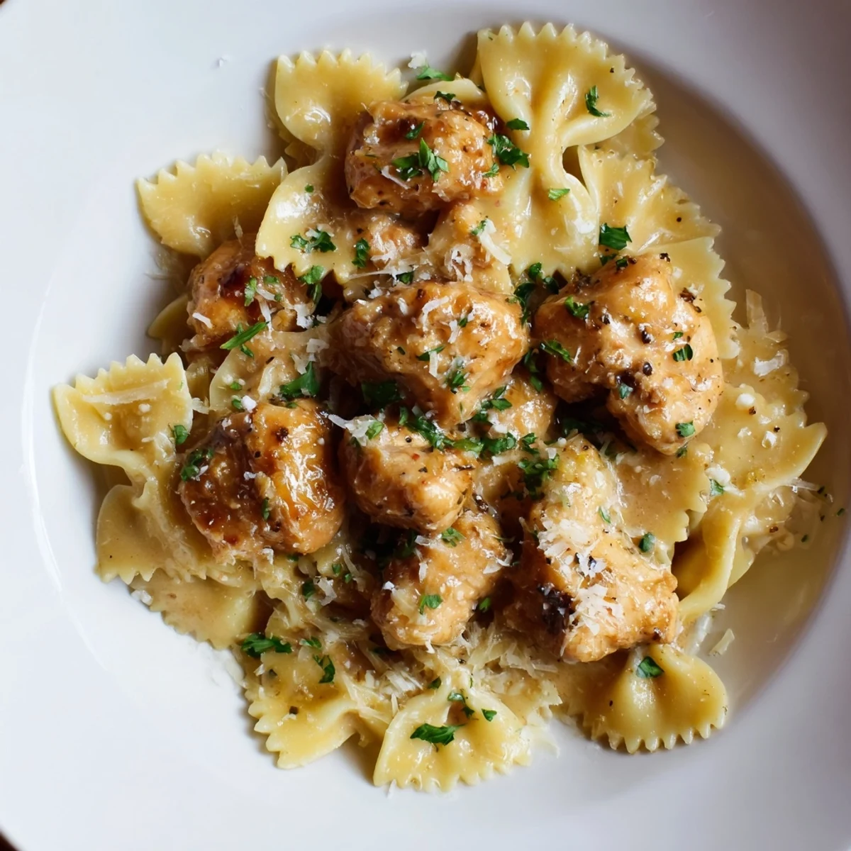 Tender Mozzarella Garlic Butter Chicken Bowties served steaming hot with fresh parsley garnish.