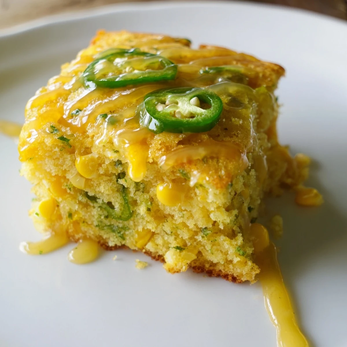 A close-up of golden Spicy Sweet Jalapeño Cornbread with Zesty Lime Drizzle glaze on a wooden board.