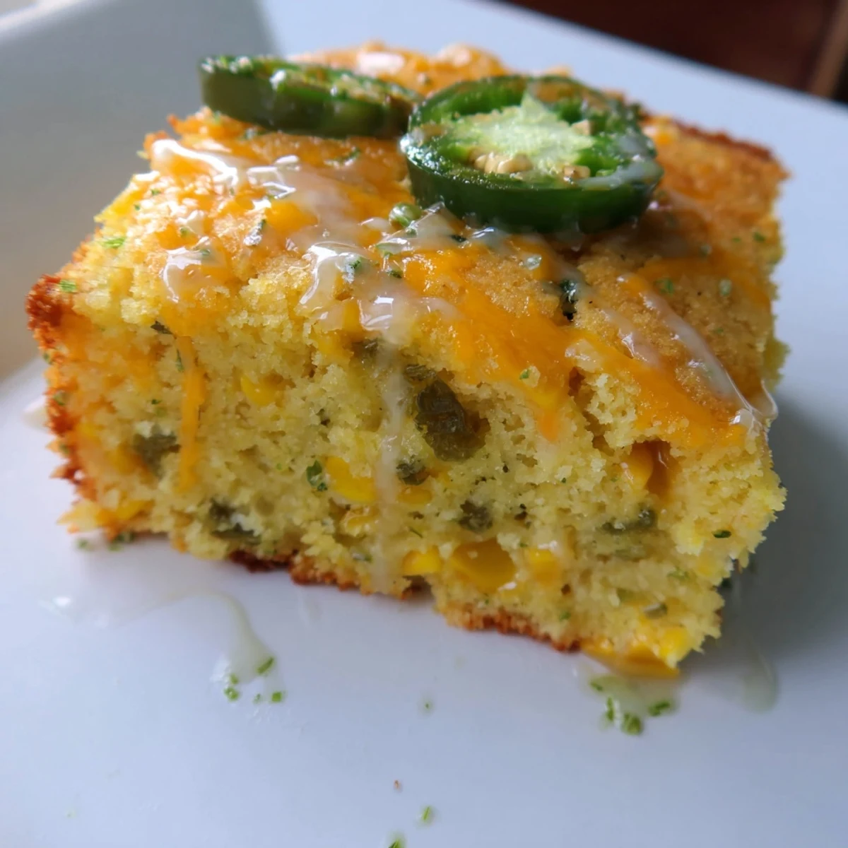 Slice of moist cornbread with jalapeños and cheese, drizzled with bright lime glaze on a white plate.