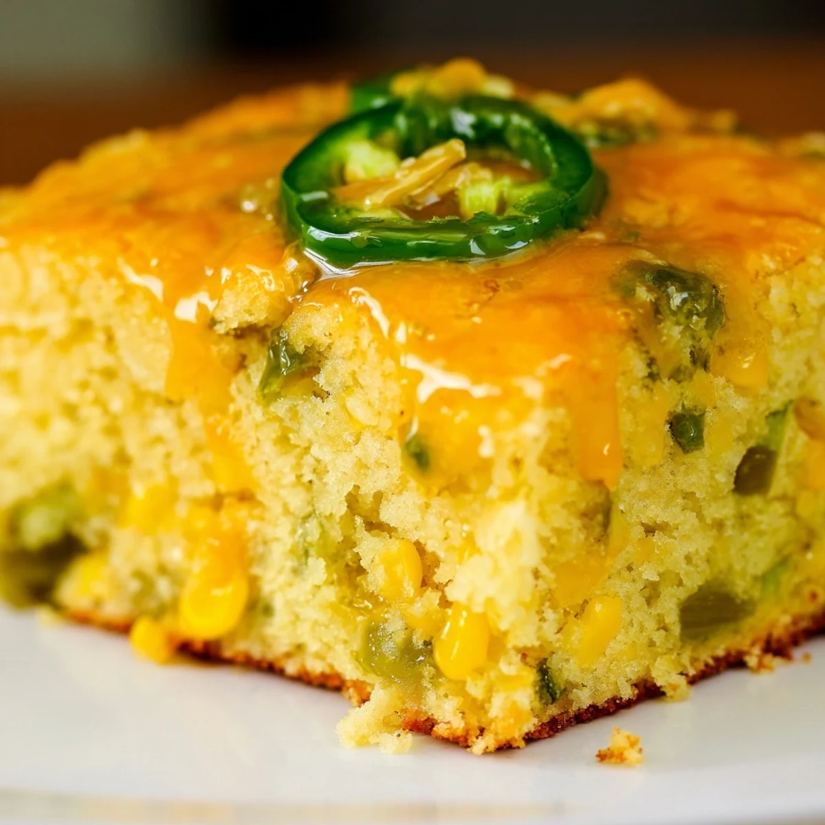 Freshly baked Spicy Sweet Jalapeño Cornbread topped with tangy lime drizzle beside a bowl of chili.