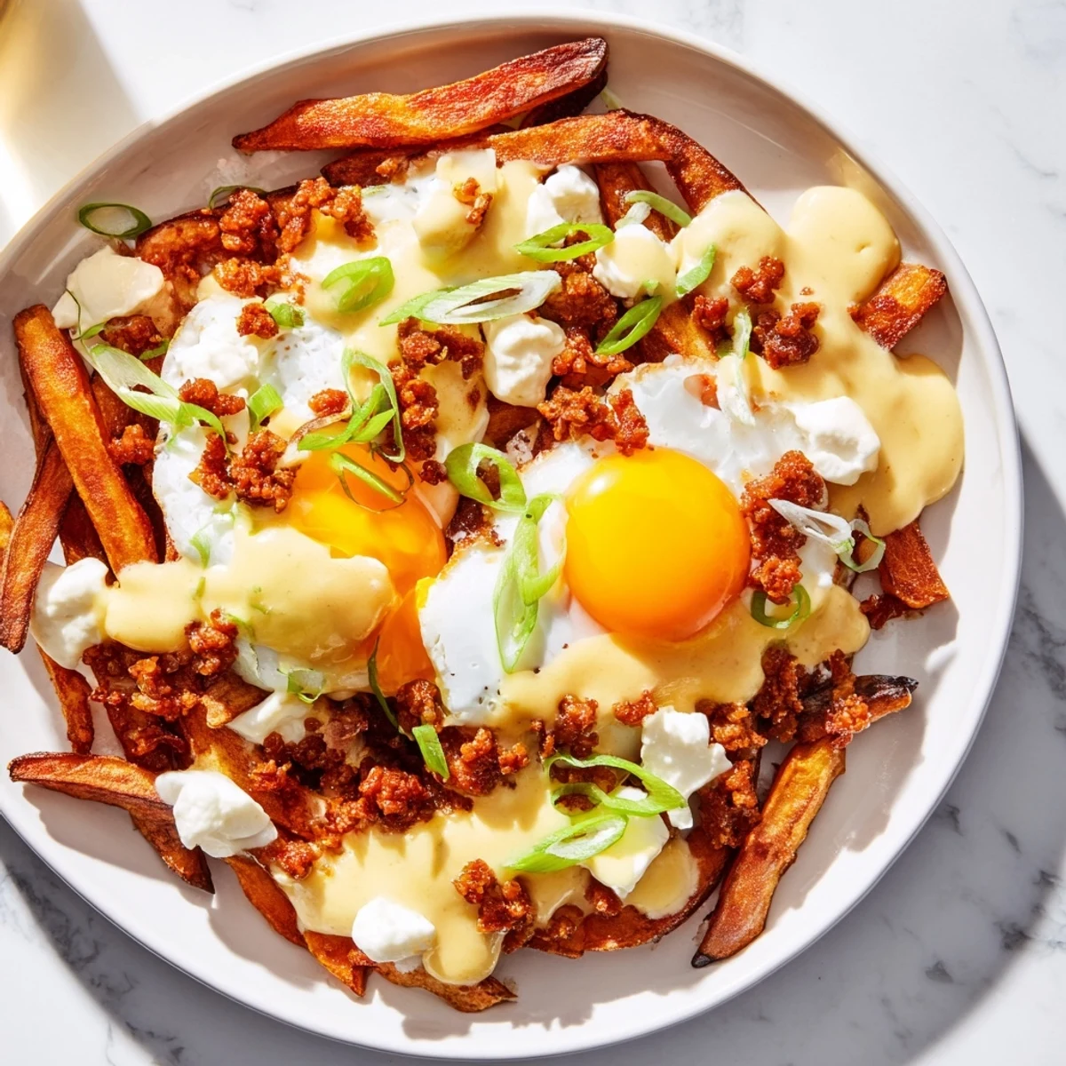 Golden crispy russet fries topped with fresh cheese curds, a sunny-side up egg, and savory bacon crumbles on the Ultimate Breakfast Poutine with Creamy Hollandaise Sauce.
