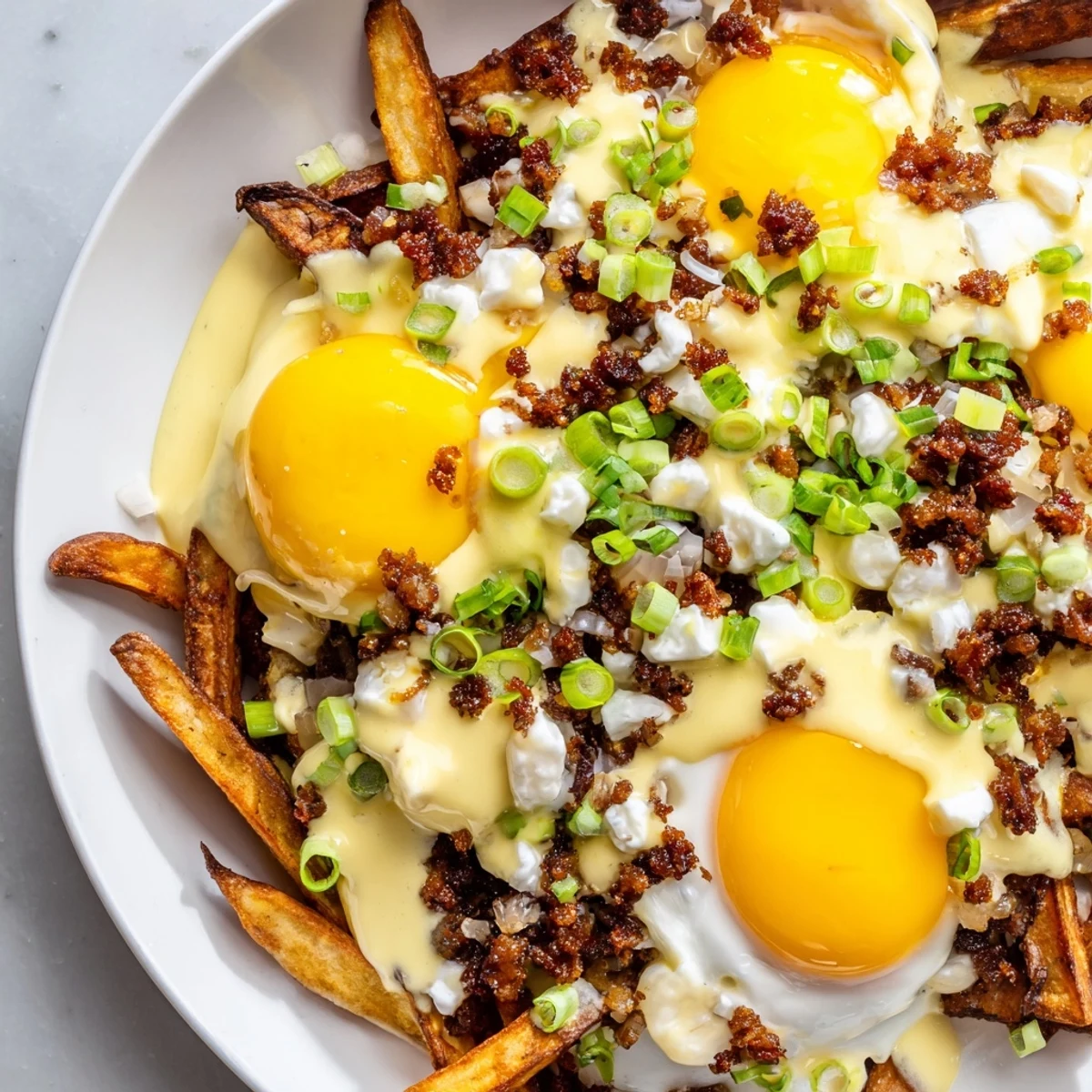 Ultimate Breakfast Poutine with Creamy Hollandaise Sauce served on a rustic plate with bright green onions and a generous drizzle of rich, buttery sauce.